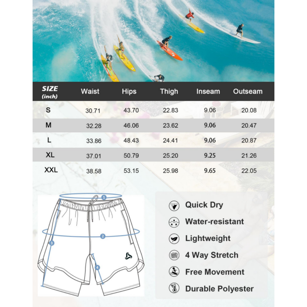 SILKWORLD Men's Swim Trunks with Compression Liner 2 in 1 Quick Dry Bathing Suit