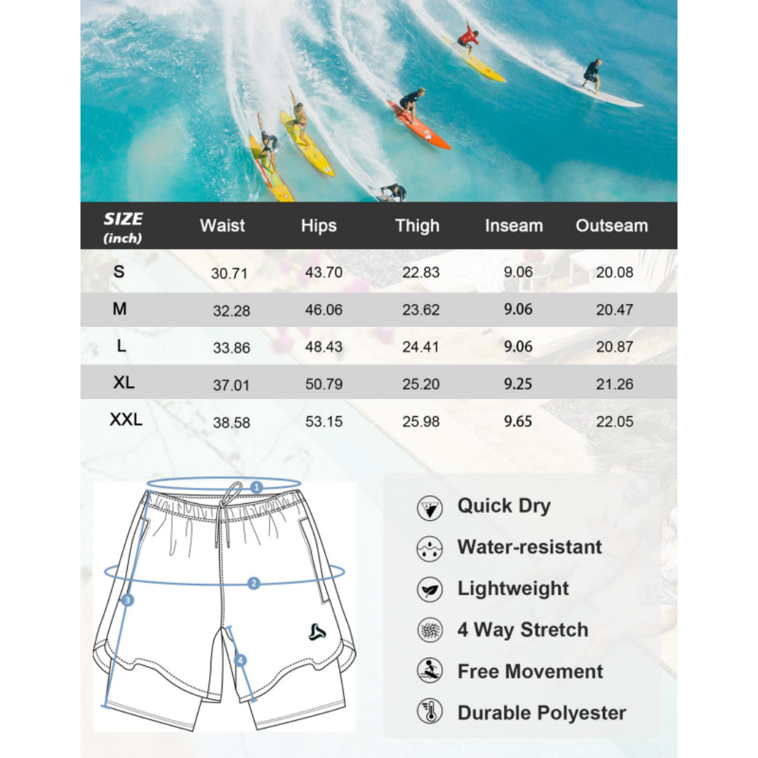 SILKWORLD Men's Swim Trunks with Compression Liner 2 in 1 Quick Dry Bathing Suit