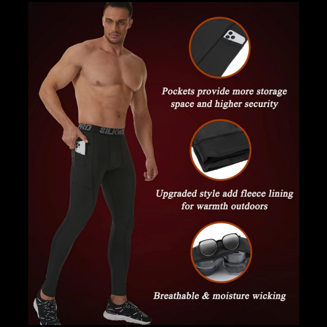 SILKWORLD Men's Compression Pants Pockets Breathable 2 Pack