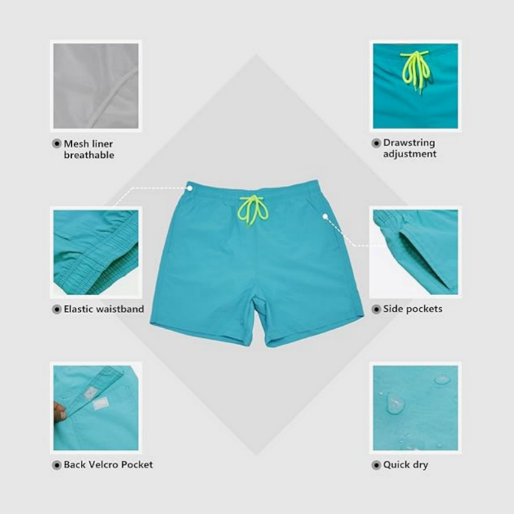SILKWORLD Men's Beach Shorts Mesh lining Swimming Trunks Quick-dry with Pockets