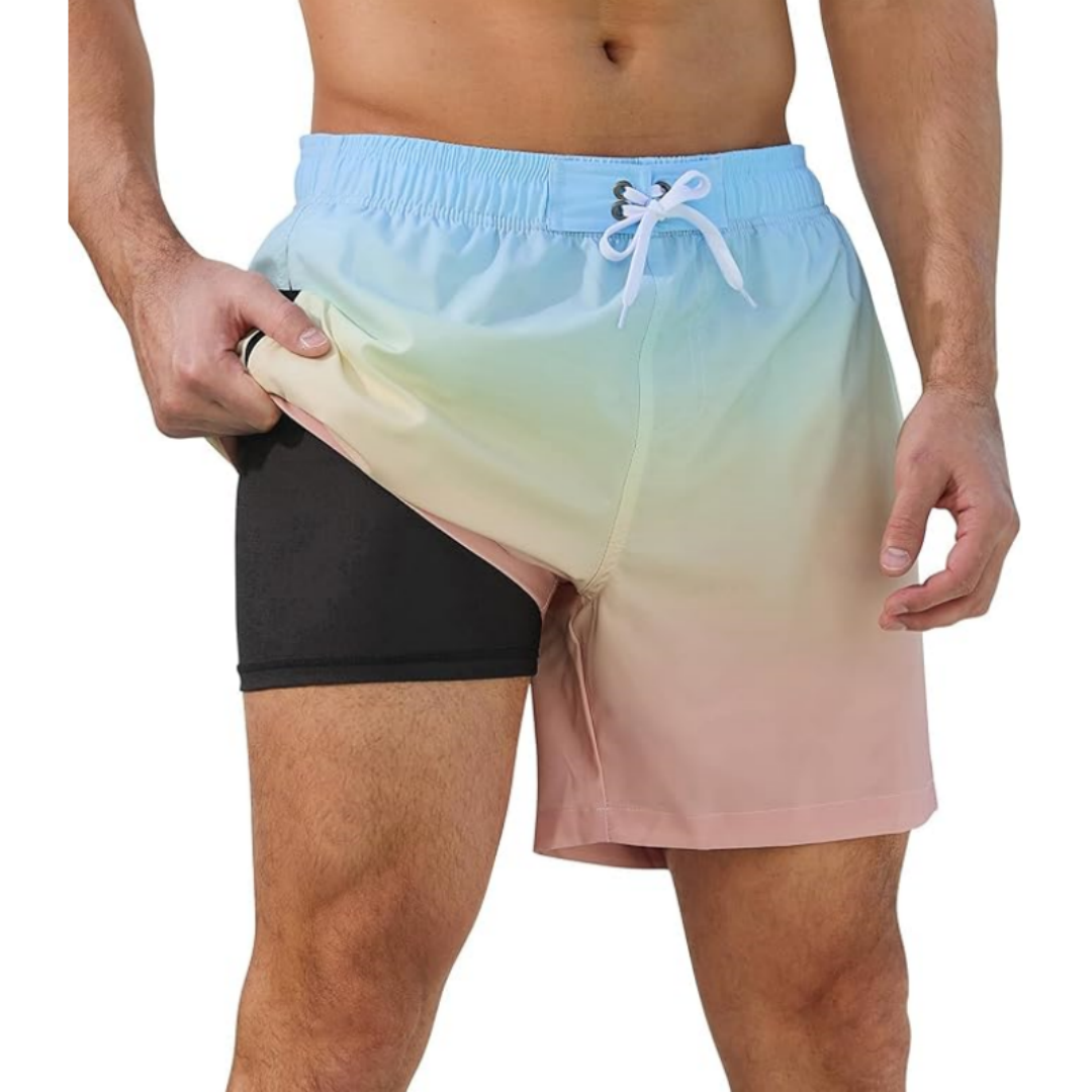 SILKWORLD Mens Swimming Trunks 2 in 1 Quick Dry Bathing Suit With Zipper Pockets