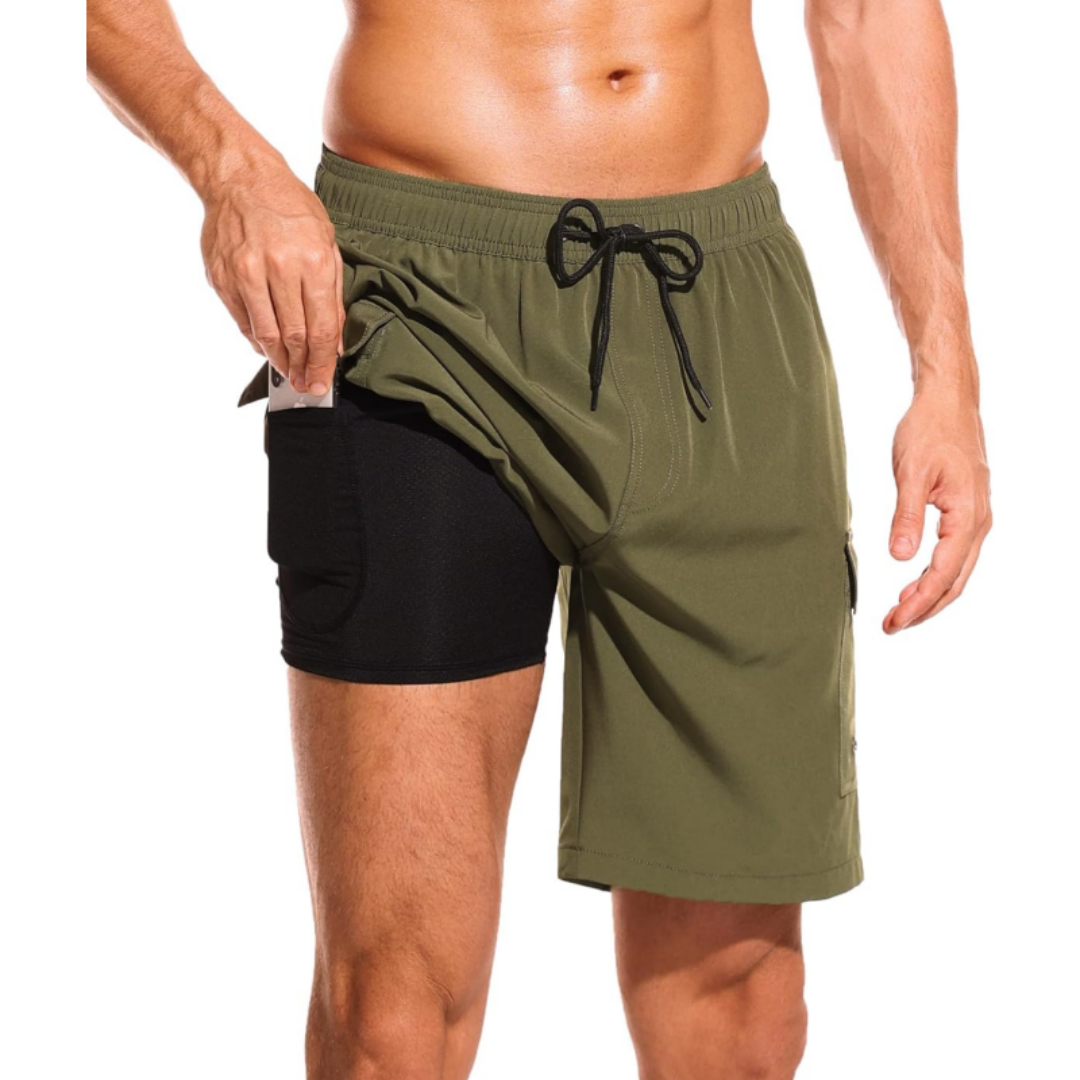 SILKWORLD Men's Swim Trunks with Compression Liner Quick Dry Bathing Suits