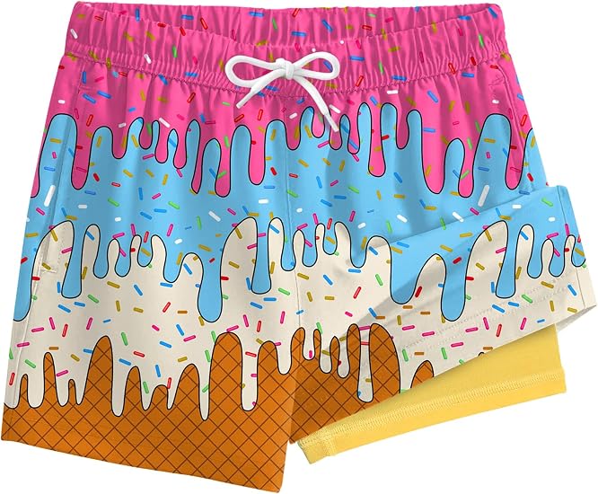 SILKWORLD Boys' Colorful Ice Cream Print Swim Trunks with Compression Liner