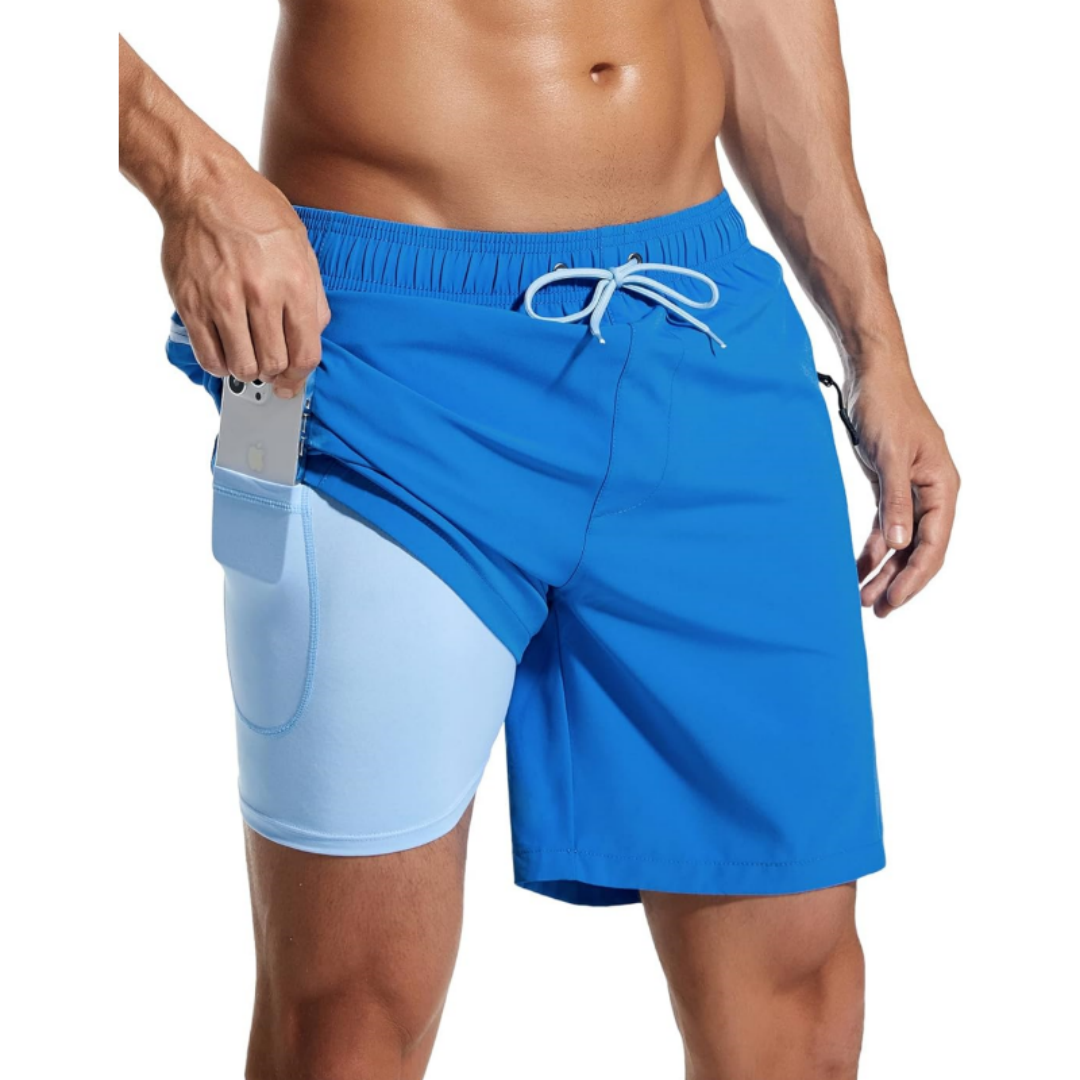 SILKWORLD Men's Swim Trunks with Compression Liner 7 Inch Quick-Dry Bathing Suit