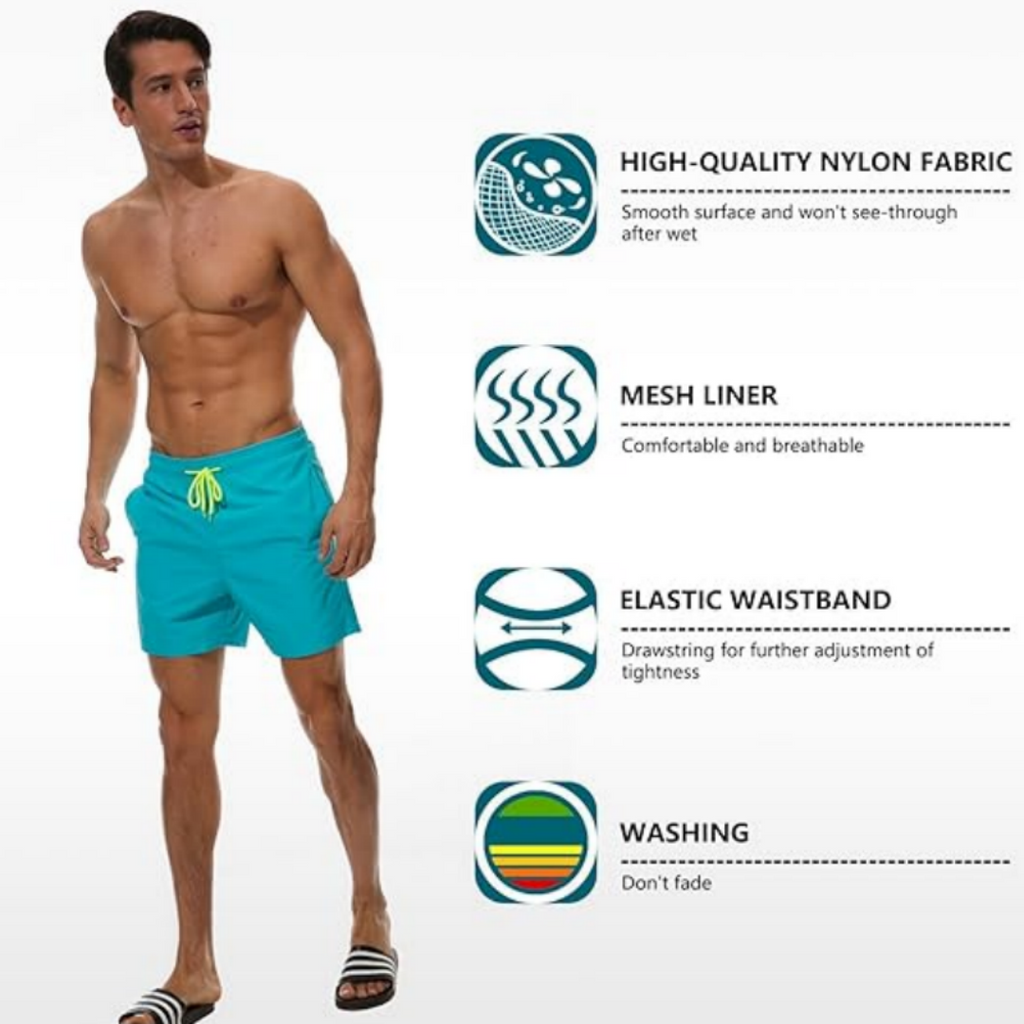 SILKWORLD Men's Beach Shorts Mesh lining Swimming Trunks Quick-dry with Pockets