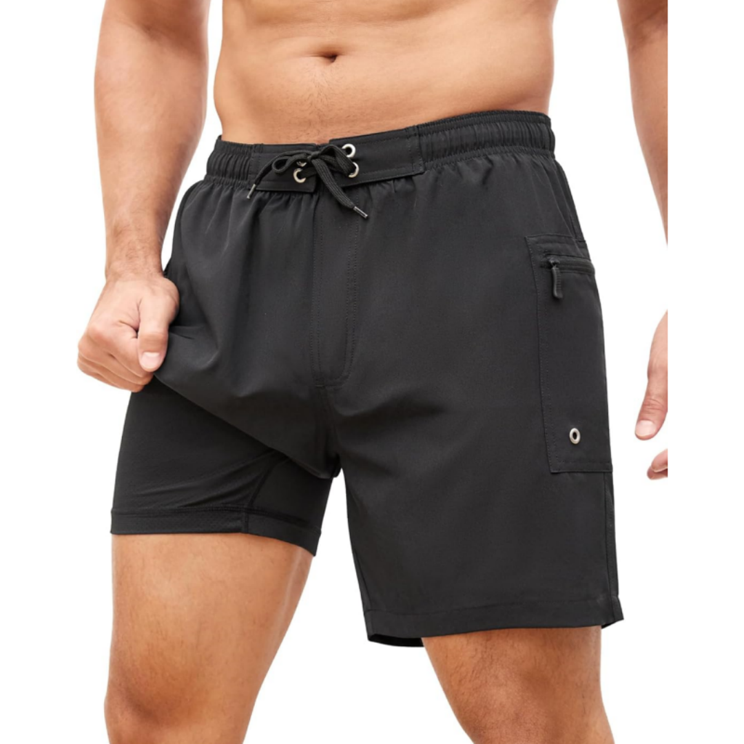 SILKWORLD Men's Beach Swimming Shorts with Compression Liner and Zipper Pockets
