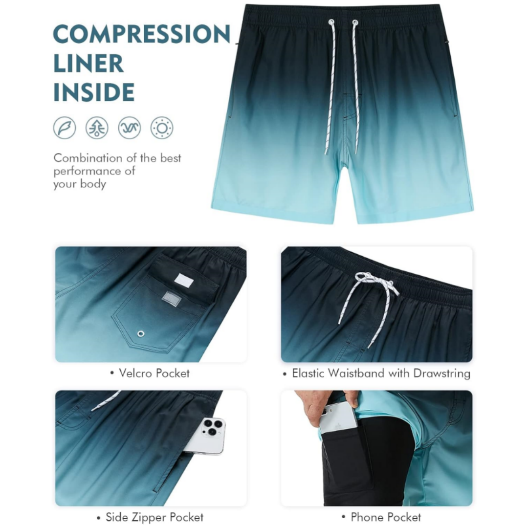 SILKWORLD Men's Swimming Trunks with Compression Liner Quick Dry Swim Shorts