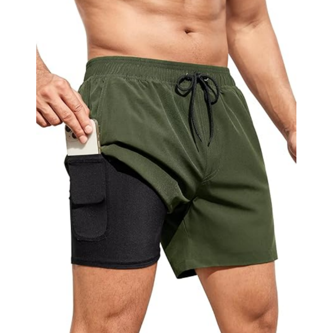 SILKWORLD Men's Swim Trunks with Compression Liner Quick Dry Bathing Suits