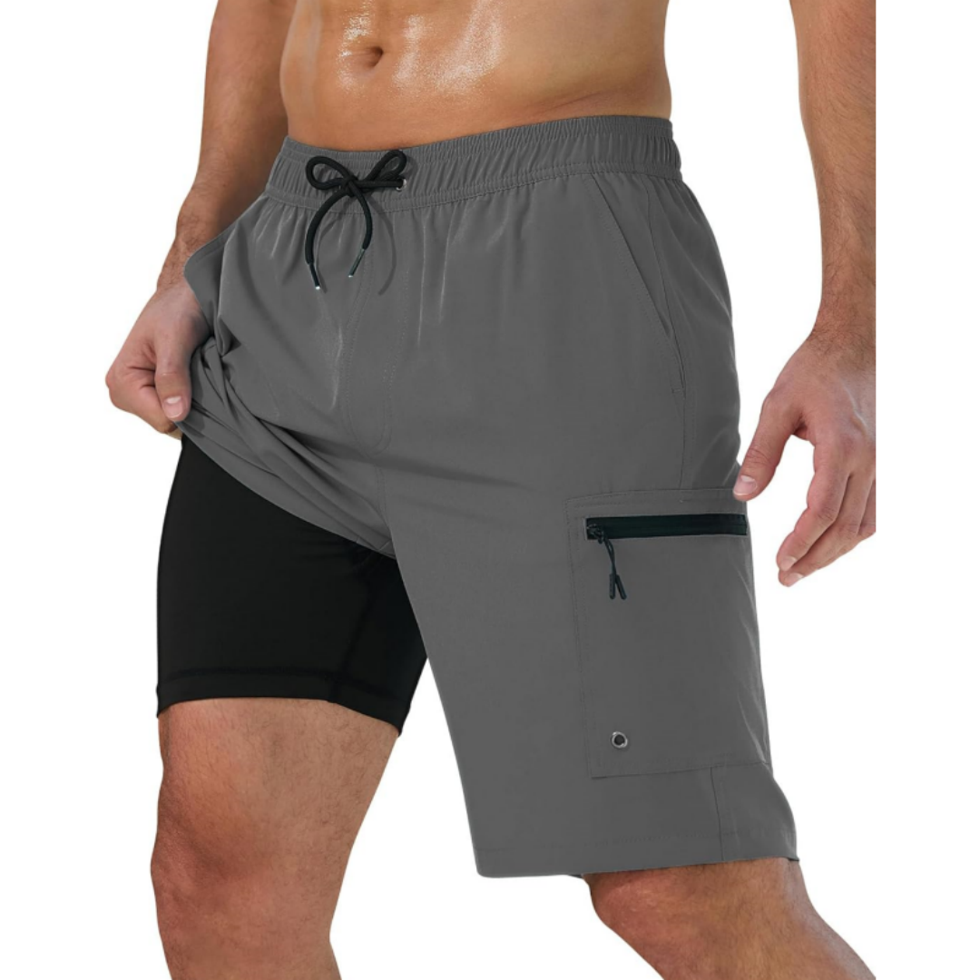 SILKWORLD Men's Swim Trunks with Compression Liner Zipper Cargo Pockets Bathing Suit