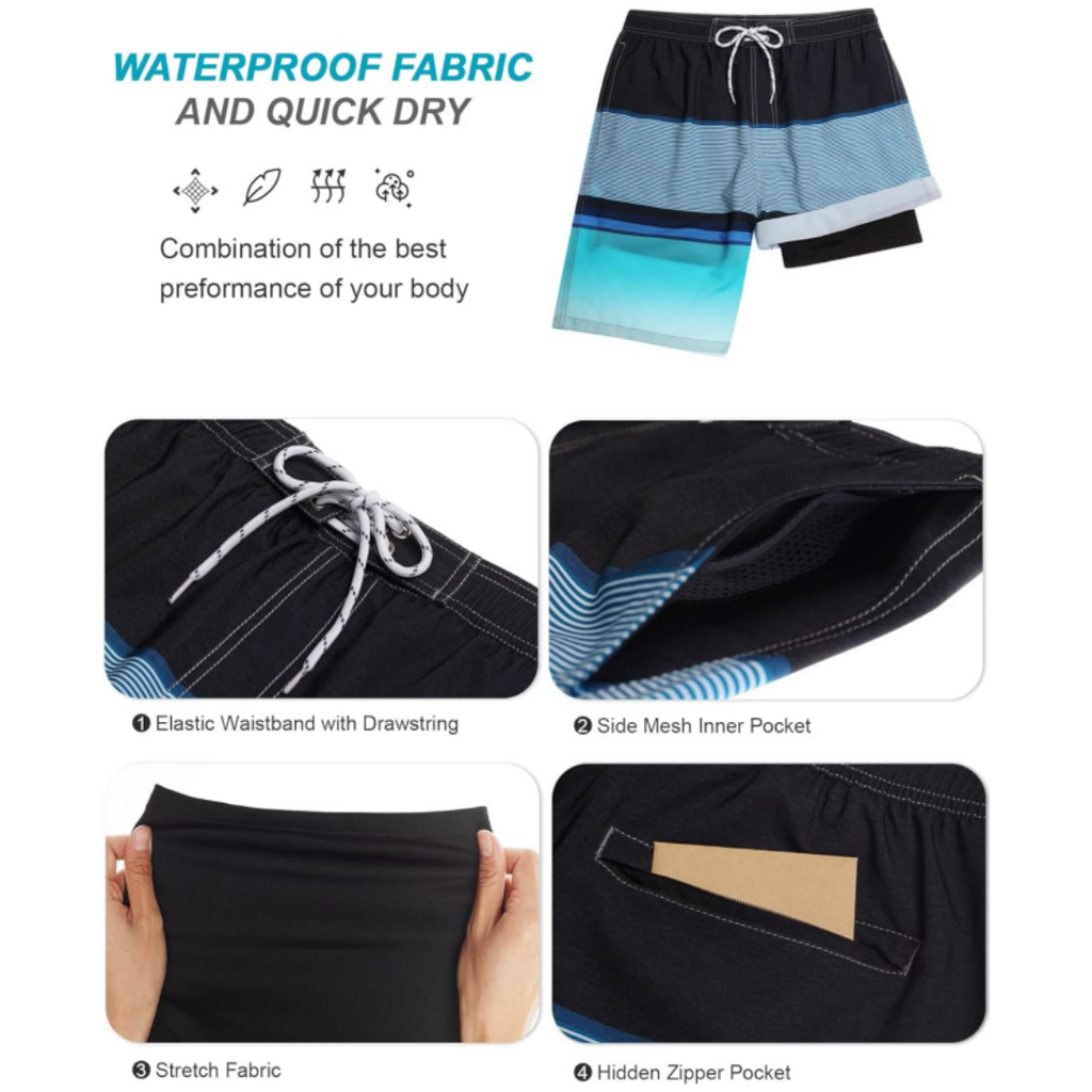 SILKWORLD Men's Swim Trunks with Compression Liner 2 in 1 Quick Dry Bathing Suit