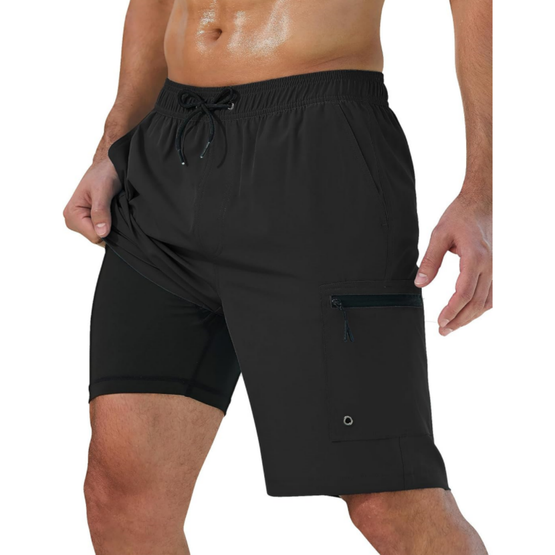 SILKWORLD Men's Swim Trunks with Compression Liner Zipper Cargo Pockets Bathing Suit
