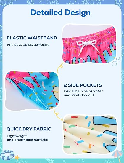 SILKWORLD Boys' Colorful Ice Cream Print Swim Trunks with Compression Liner