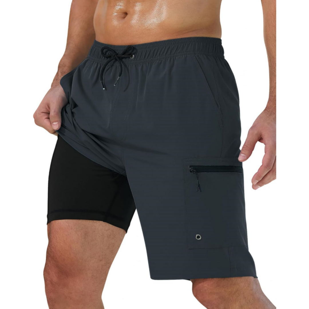 SILKWORLD Men's Swim Trunks with Compression Liner Zipper Cargo Pockets Bathing Suit
