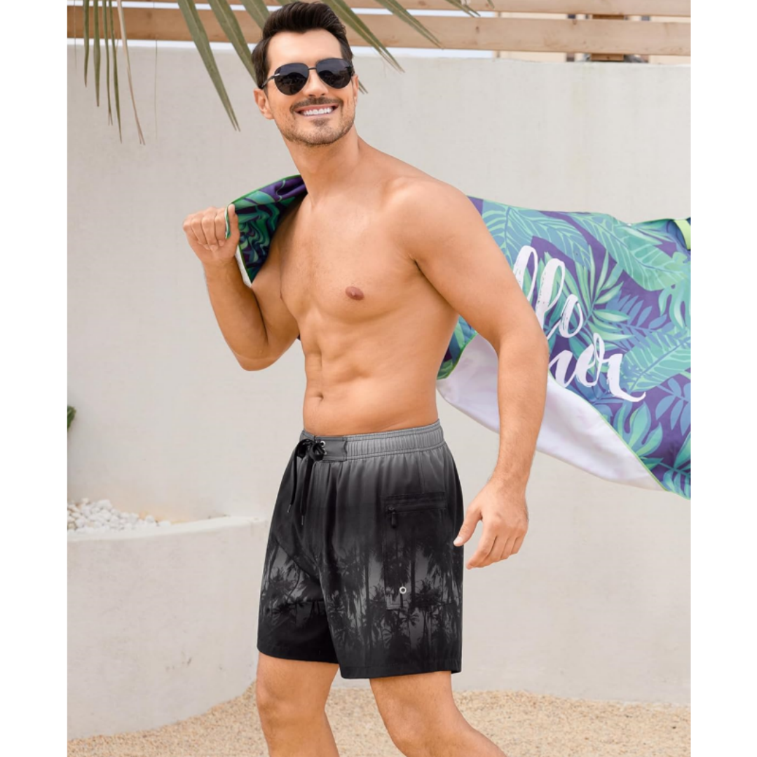 SILKWORLD Men's Beach Swimming Shorts with Compression Liner and Zipper Pockets