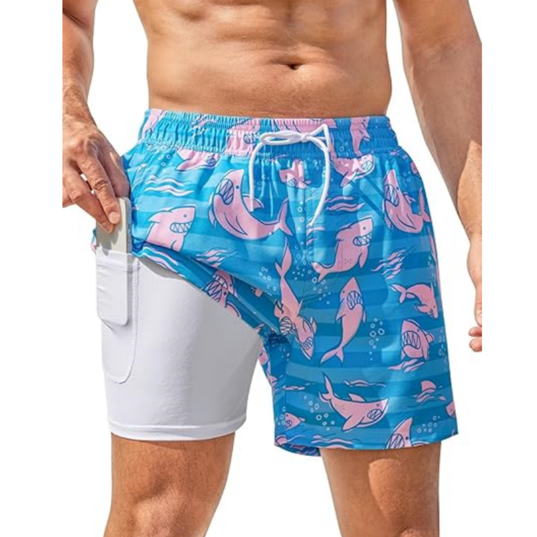 SILKWORLD Men's Swim Trunks with Compression Liner Quick Dry Bathing Suits