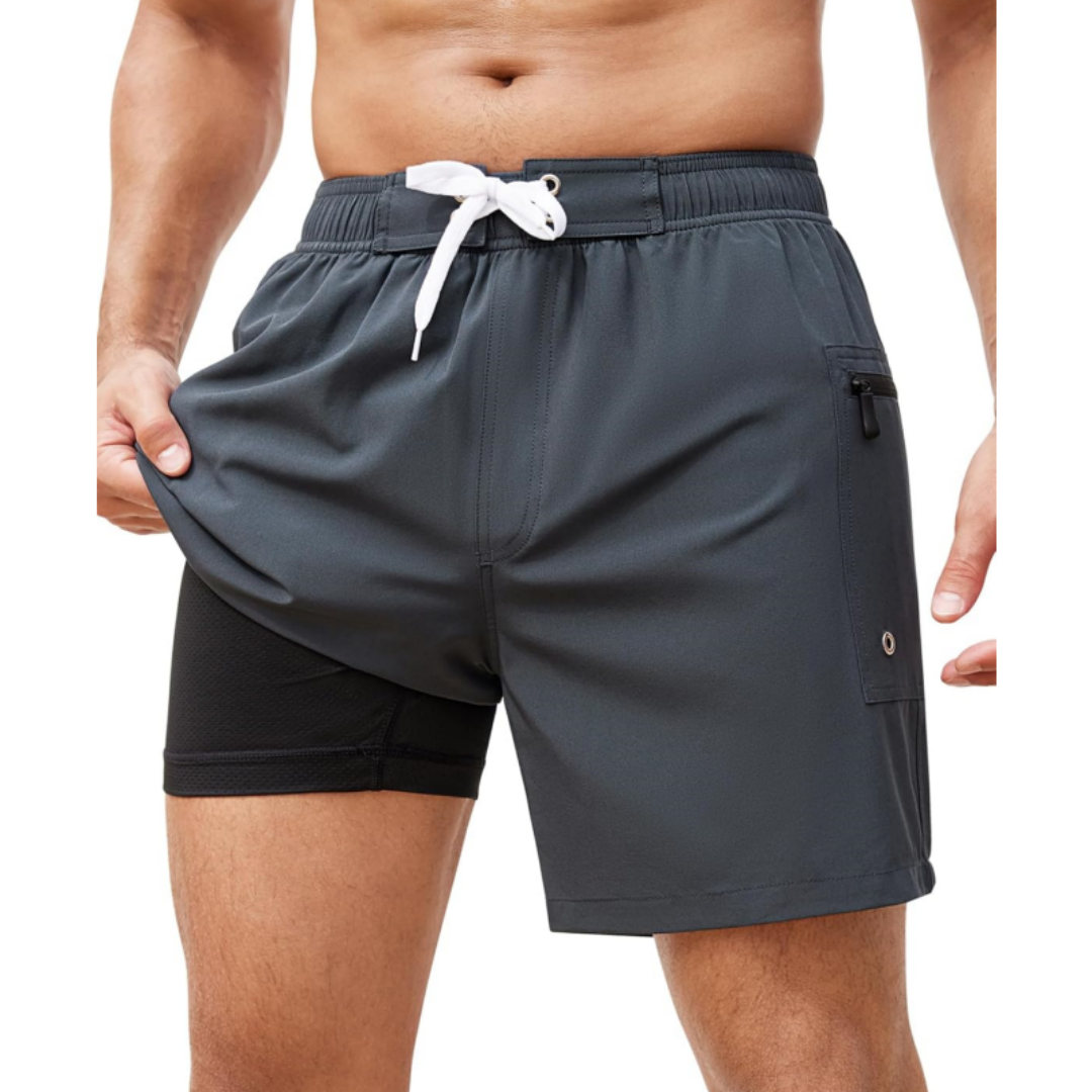 SILKWORLD Men's Beach Swimming Shorts with Compression Liner and Zipper Pockets