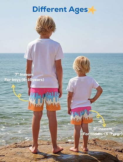SILKWORLD Boys' Colorful Ice Cream Print Swim Trunks with Compression Liner