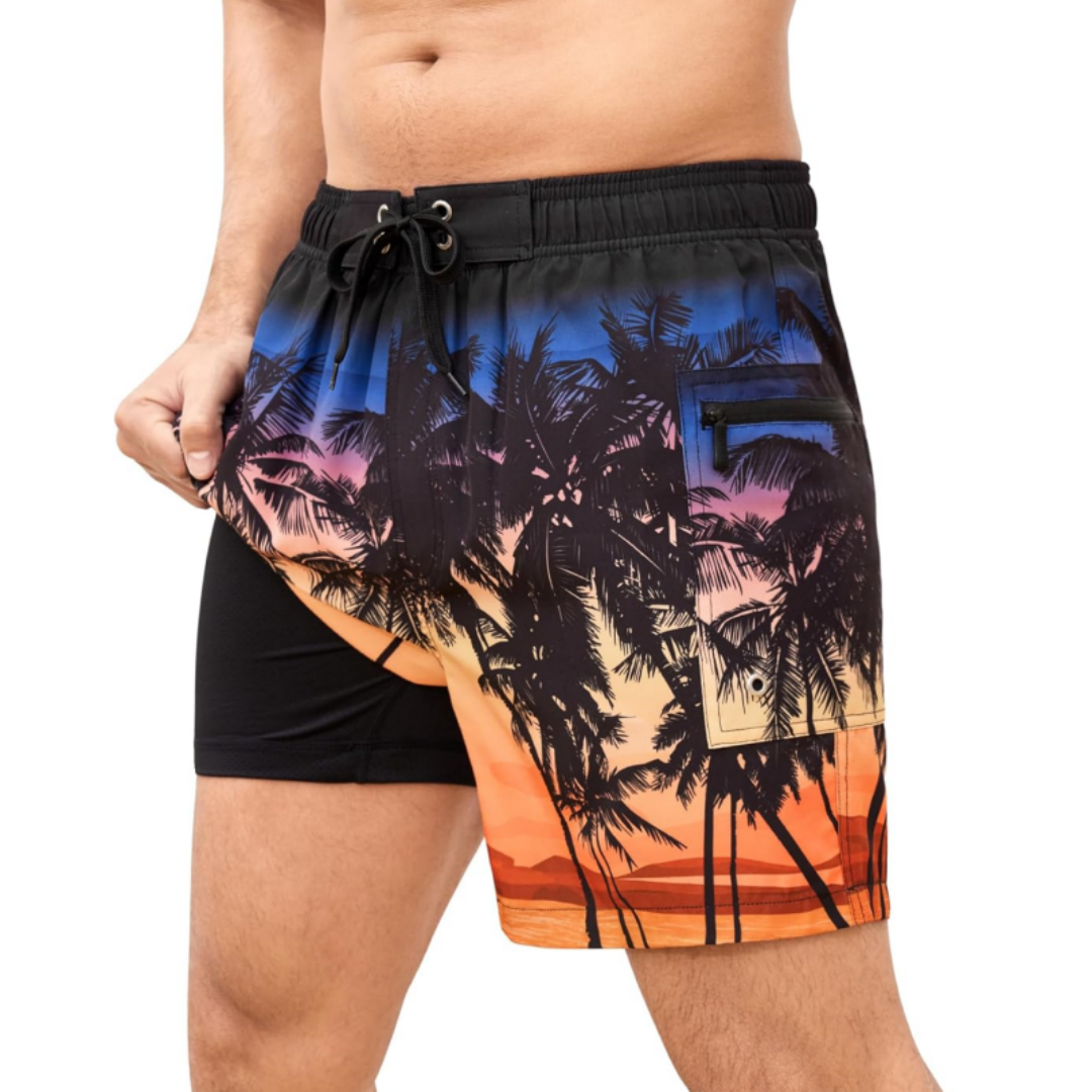 SILKWORLD Men's Beach Swimming Shorts with Compression Liner and Zipper Pockets