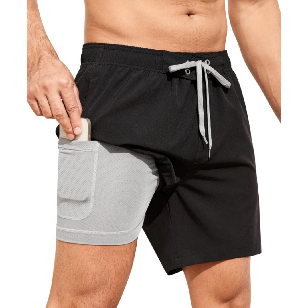 SILKWORLD Men's Beach Swimming Shorts with Compression Liner and Zipper Pockets