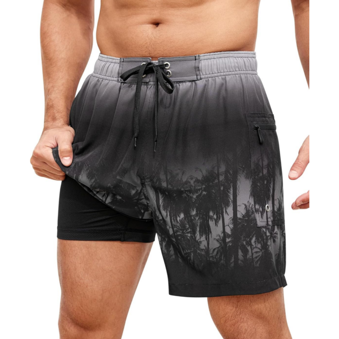 SILKWORLD Men's Beach Swimming Shorts with Compression Liner and Zipper Pockets