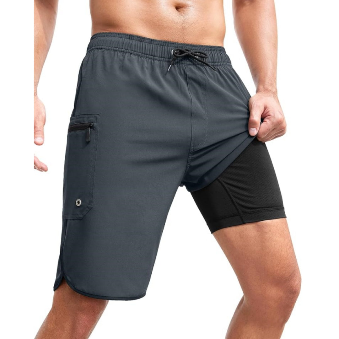 SILKWORLD Men's Swim Trunks with Compression Liner 9 Inch Suit 2 in 1 with Pockets