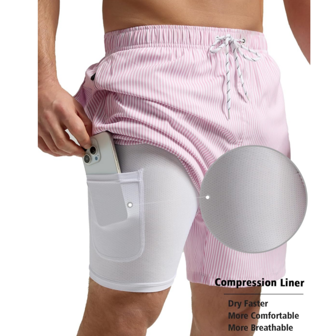 SILKWORLD Men's Swim Trunks with Compression Liner 2 in 1 Quick Dry Beach Shorts
