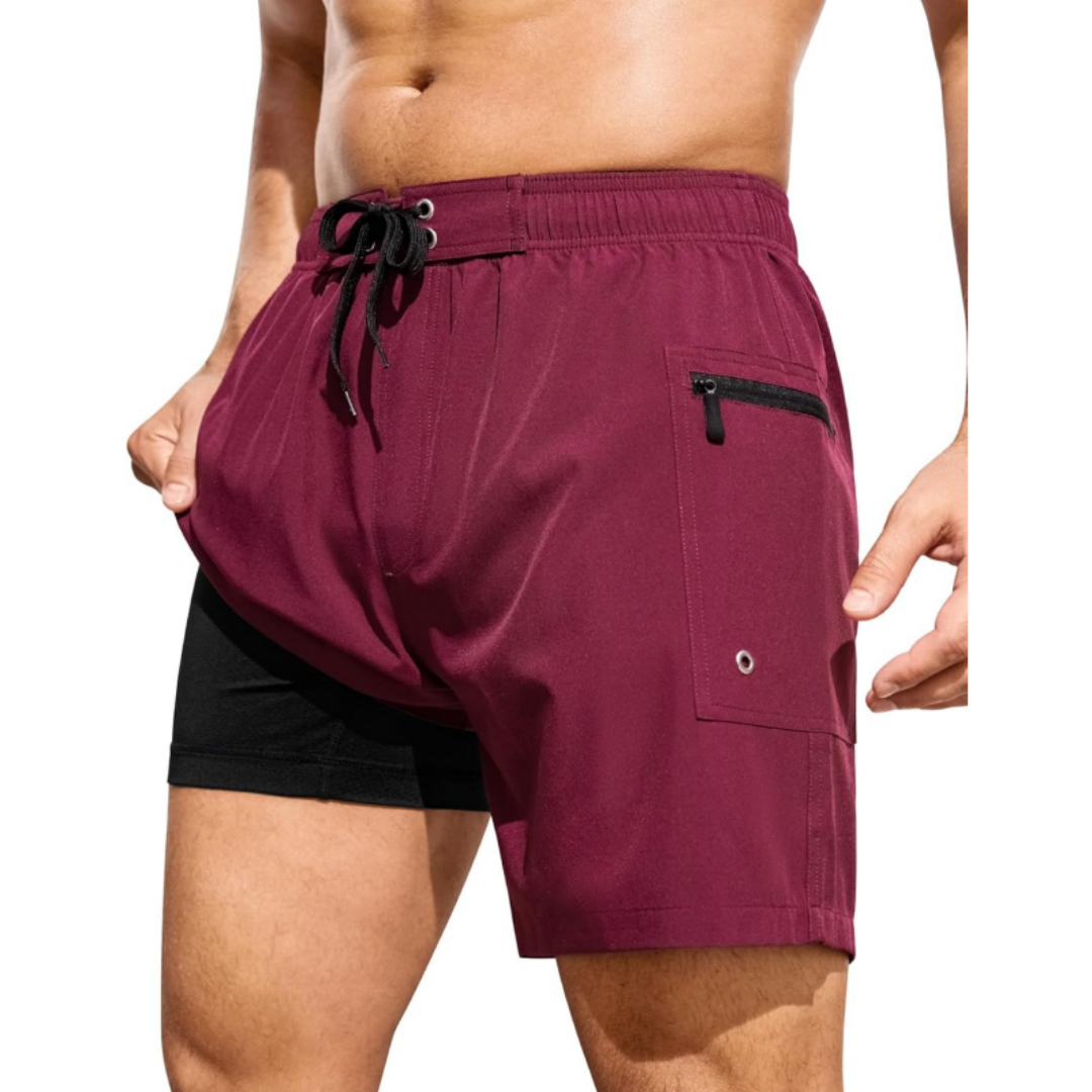 SILKWORLD Men's Beach Swimming Shorts with Compression Liner and Zipper Pockets