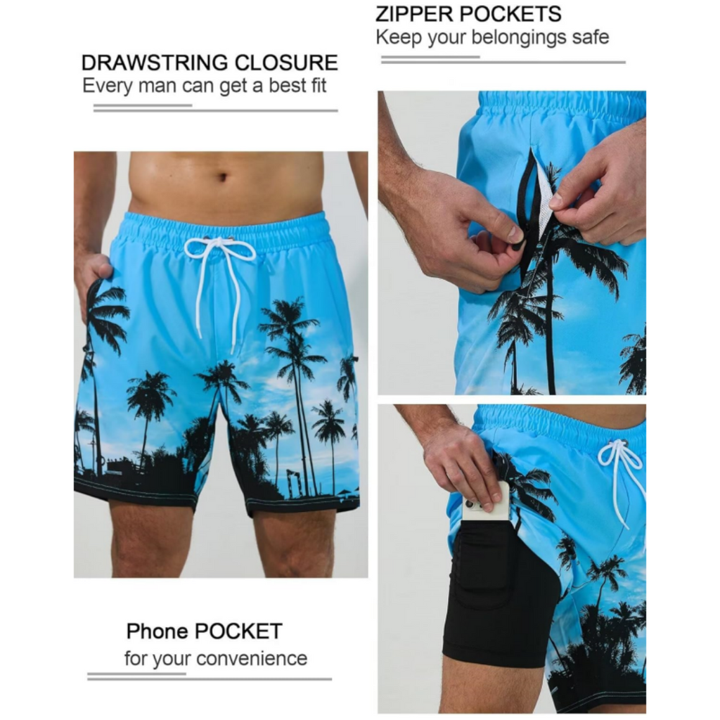 SILKWORLD Men's Swim Trunks Quick Dry Swimming Shorts with Compression Liner