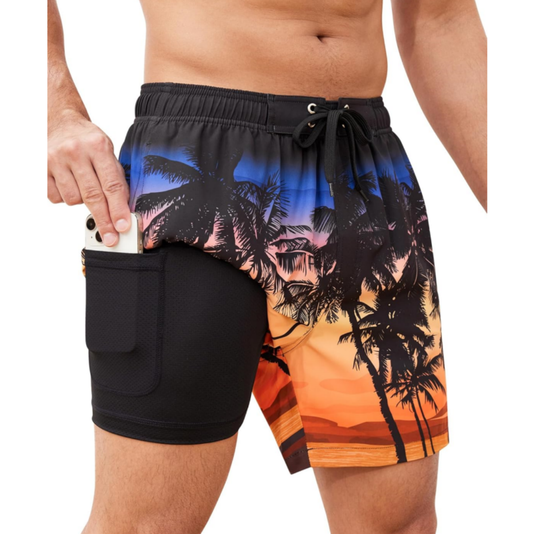 SILKWORLD Men's Beach Swimming Shorts with Compression Liner and Zipper Pockets