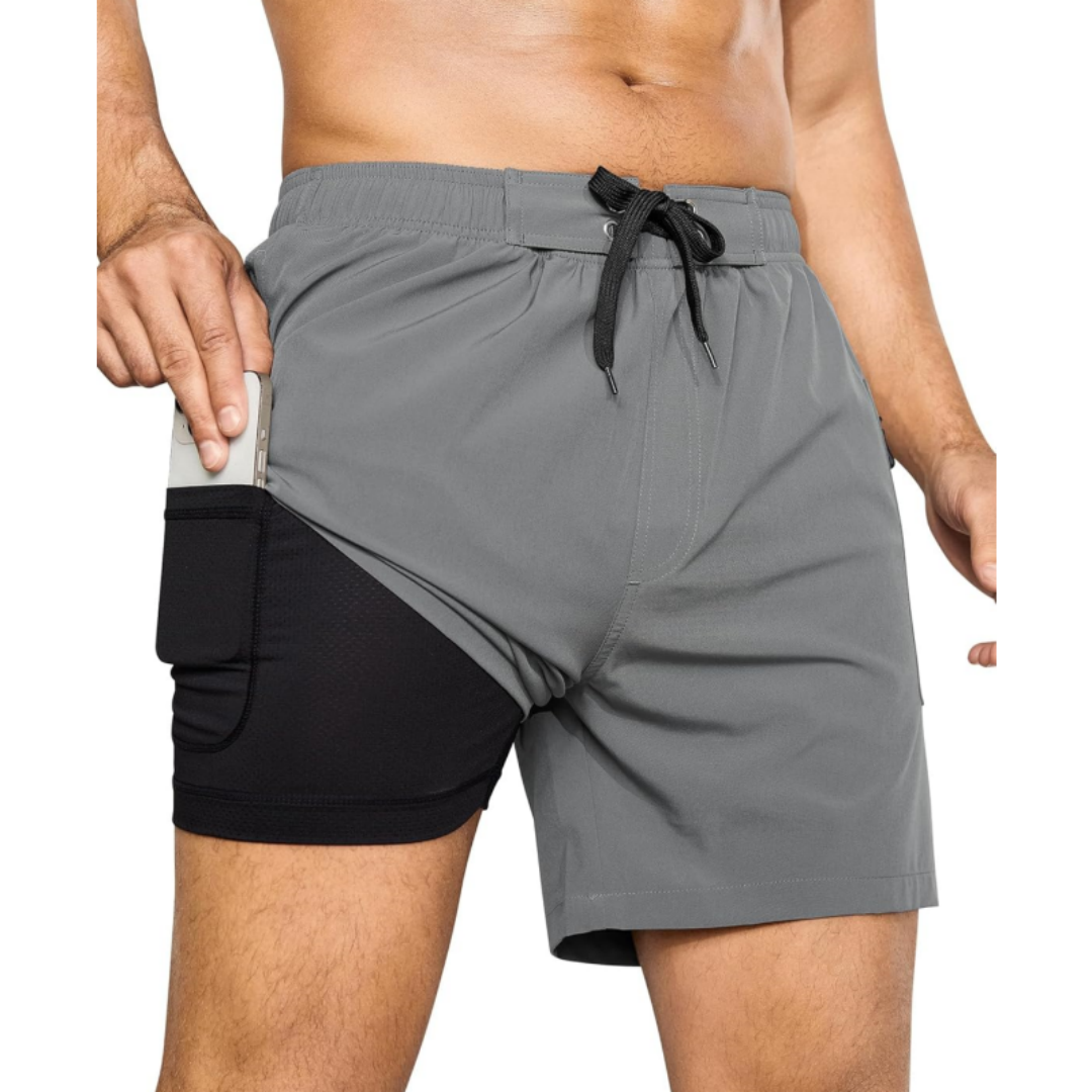 SILKWORLD Men's Beach Swimming Shorts with Compression Liner and Zipper Pockets