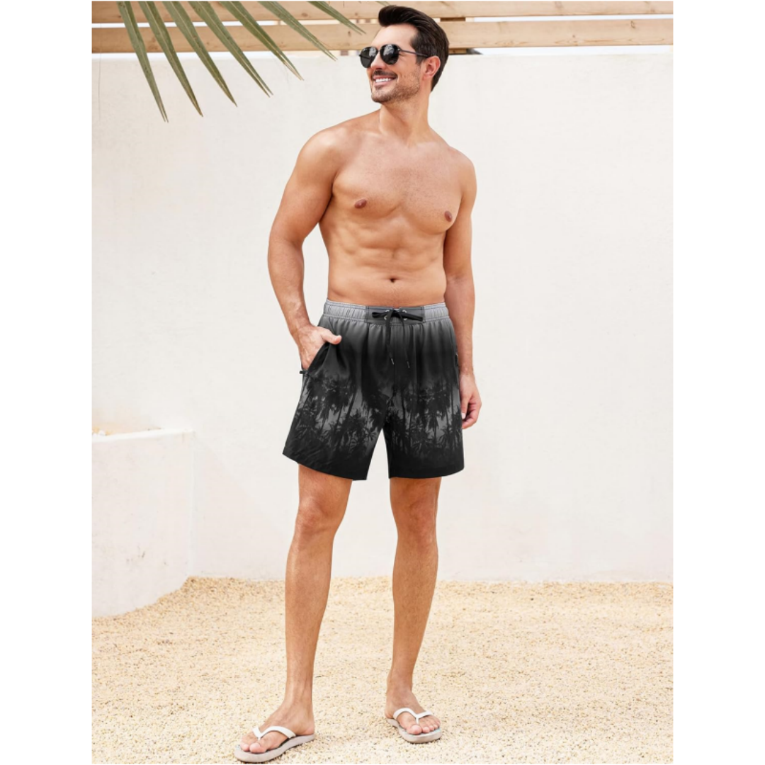 SILKWORLD Men's Beach Swimming Shorts with Compression Liner and Zipper Pockets