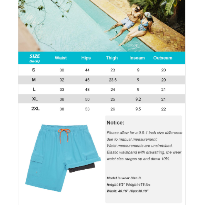 SILKWORLD Men's Swim Trunks with Compression Liner Quick Dry Bathing Suits