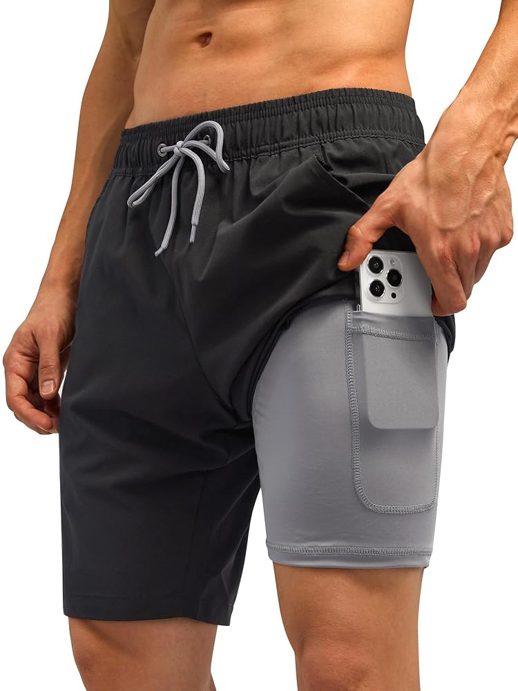 SILKWORLD Men's Swim Trunks with Compression Liner Quick Dry Bathing Suit