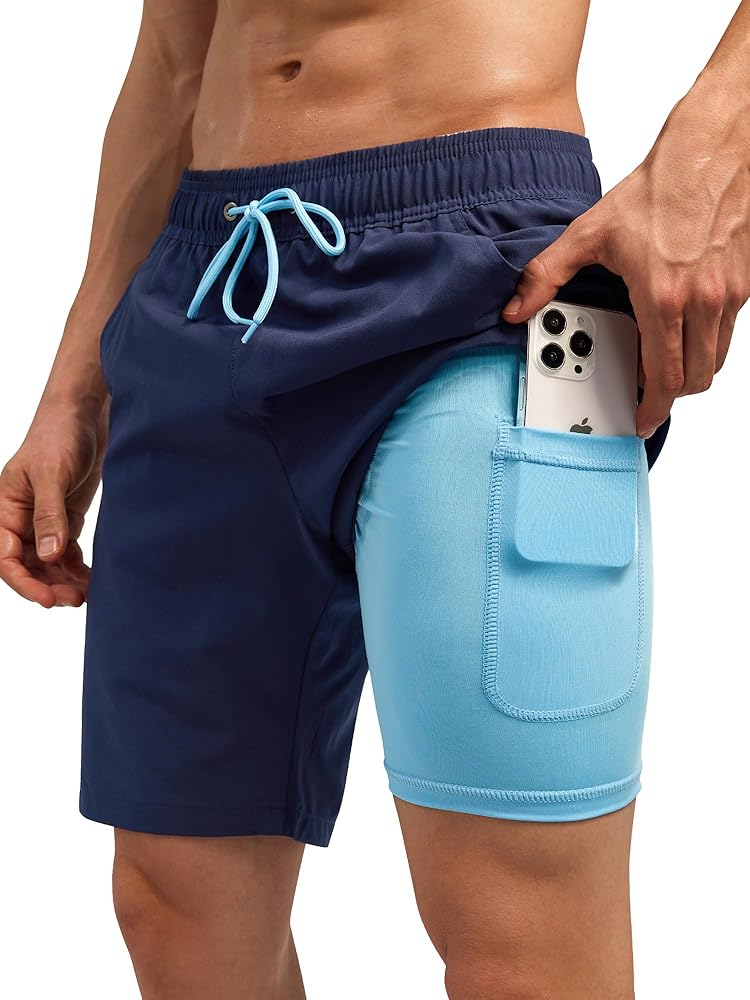 SILKWORLD Men's Swim Trunks with Compression Liner Quick Dry Bathing Suit