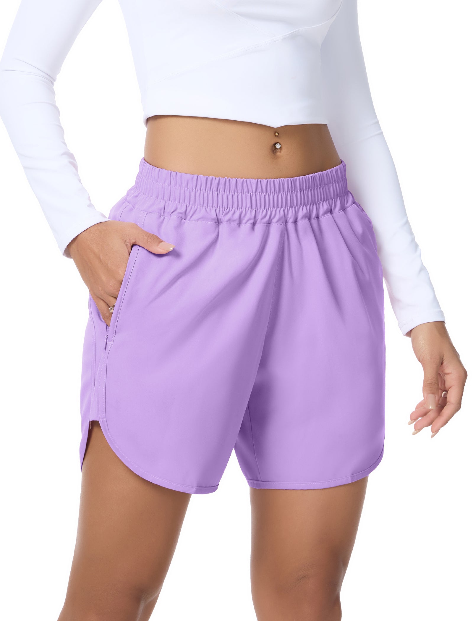 SILKWORLD Women's Running Shorts Hight Waist 5" Summer Athletic Gym Workout Fashion Short with Liner and Zipper Pockets