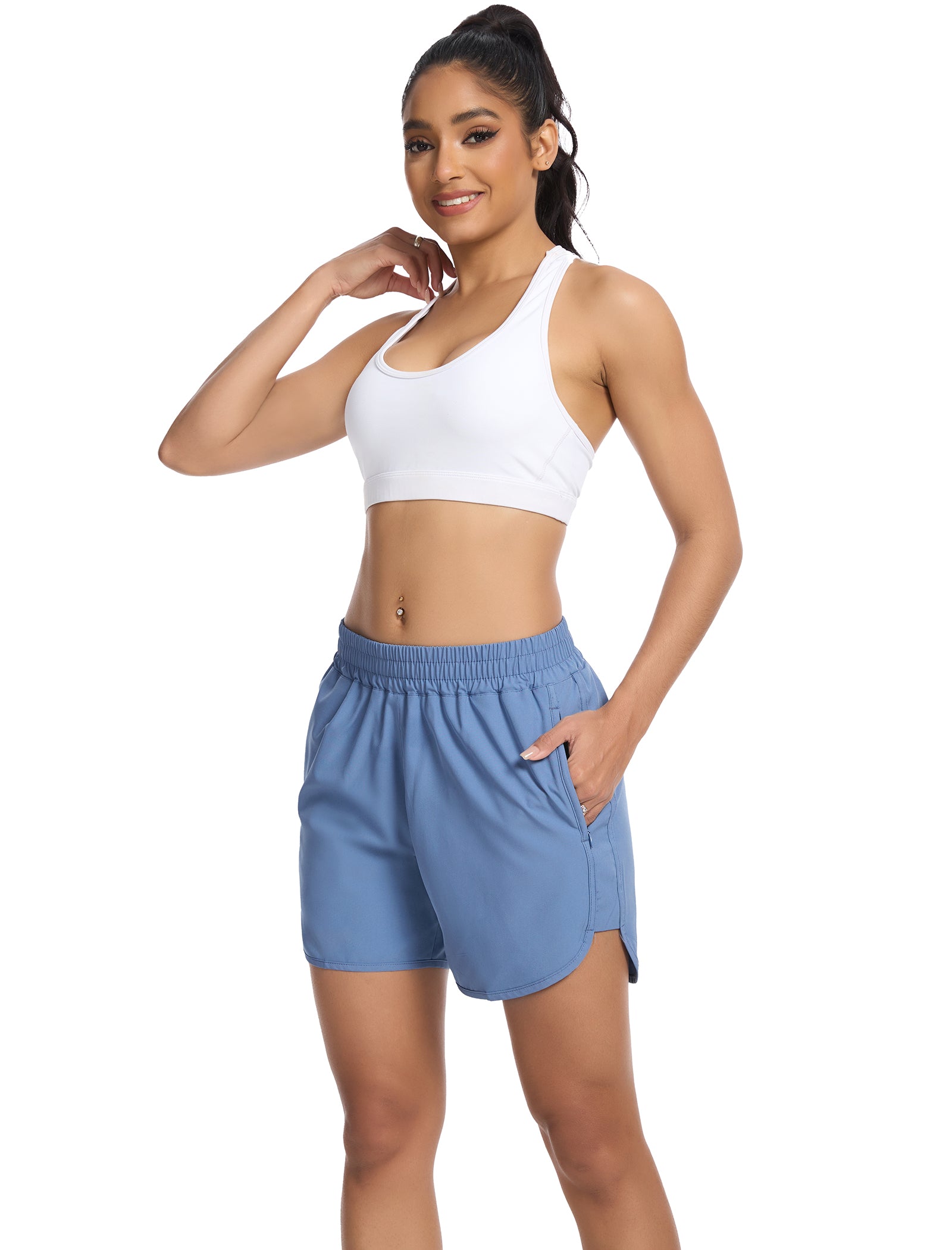 SILKWORLD Women's Running Shorts Hight Waist 5" Summer Athletic Gym Workout Fashion Short with Liner and Zipper Pockets
