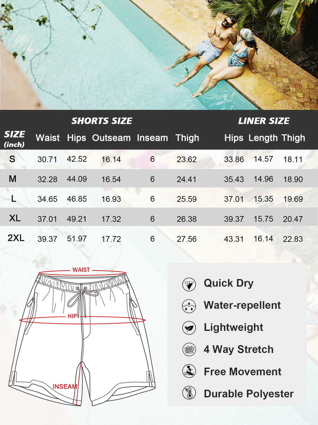 SILKWORLD Men's Swim Trunks with Compression Liner Quick Dry Bathing Suits