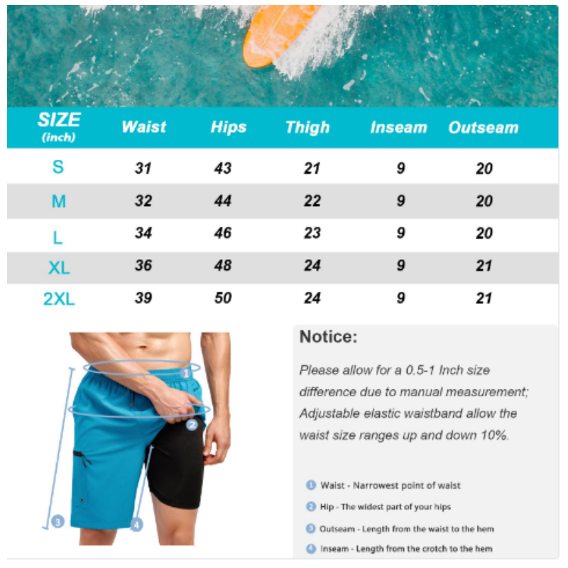 SILKWORLD Men's Swim Trunks with Compression Liner Zipper Cargo Pockets Bathing Suit